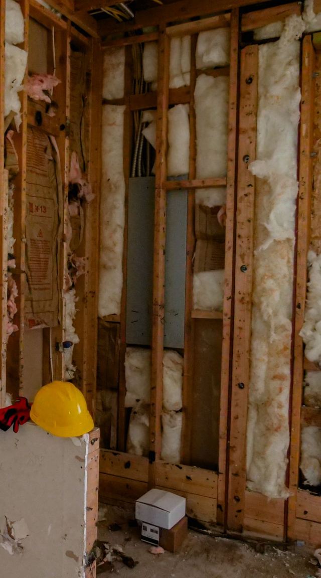 Interior wall stripped back to the studs during a renovation, a hard hat on the floor