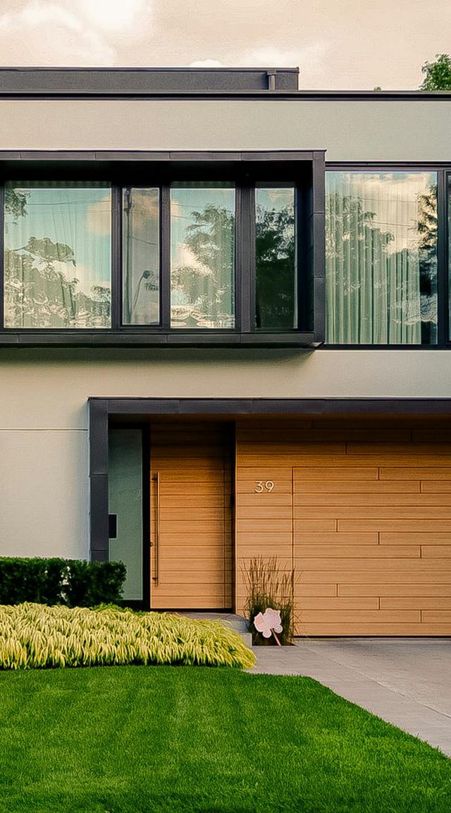 Completed modern two-storey house with a timber garage door and a lawn